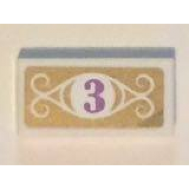 white tile 1 x 2 with medium lavender number 3 in white circle with swirls on gold background pattern sticker - set 41101