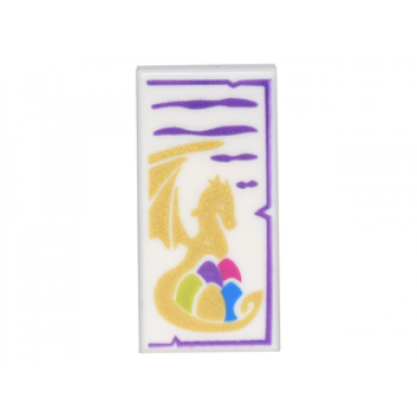 white tile 1 x 2 with dark purple markings and gold dragon holding 5 colored eggs pattern