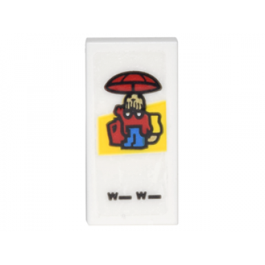 white tile 1 x 2 with card with figure holding red umbrella and black w_w_ pattern sticker - set 70620