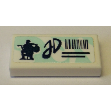white tile 1 x 2 with light aqua swirl background and black guitar player silhouette jd and barcode pattern sticker - set 41342