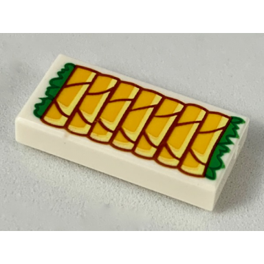 white tile 1 x 2 with 7 bright light orange springs rolls with green garnish pattern