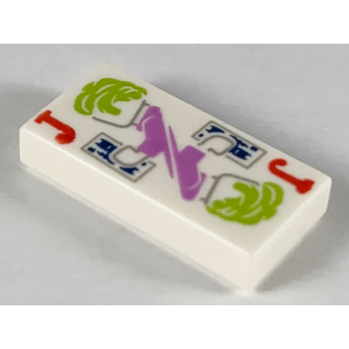 white tile 1 x 2 with playing card joker lime and medium lavender joker character pattern