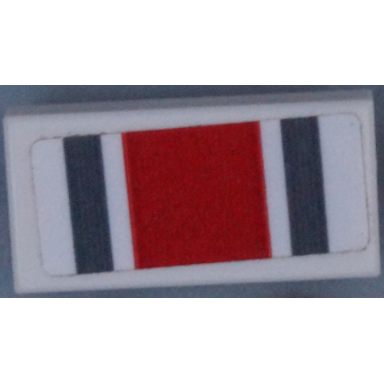 white tile 1 x 2 with red square and dark bluish gray stripes pattern sticker - set 60145