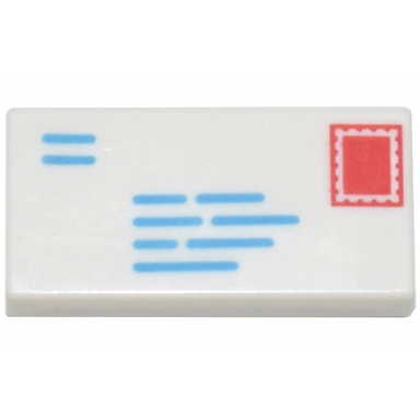 white tile 1 x 2 with dark azure lines and red rectangle pattern mail envelope with stamp and return address