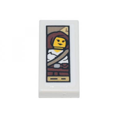 white tile 1 x 2 with portrait of female minifigure with white shirt strap and belt pattern sticker - set 71741