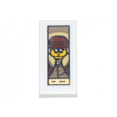 white tile 1 x 2 with portrait of male minifigure with bowler hat and glasses pattern sticker - set 71741