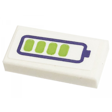 white tile 1 x 2 with dark purple and lime battery charge indicator pattern sticker - set 41443