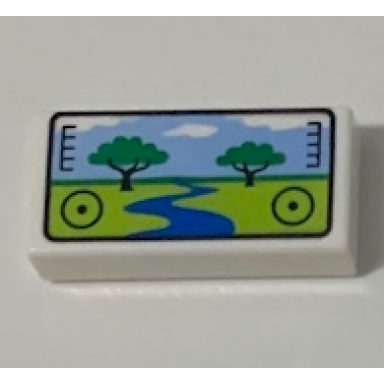 white tile 1 x 2 with viewfinder screen image of safari park with 2 trees and river pattern