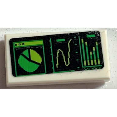 white tile 1 x 2 with black screen with bright green and lime pie chart and graphs pattern sticker - set 70631