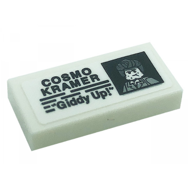 white tile 1 x 2 with minifigure photo cosmo kramer and giddy up! pattern sticker - set 21328