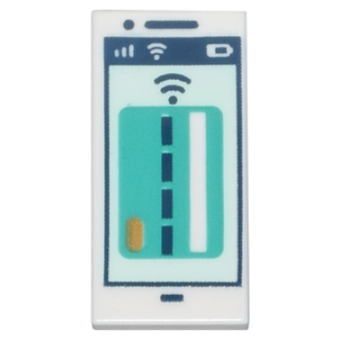 white tile 1 x 2 with cell phone smartphone with dark turquoise debit credit card and dark blue signal strength on light aqua screen pattern