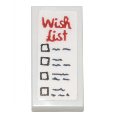 white tile 1 x 2 with list with black check boxes and red wish list pattern sticker - set 10308