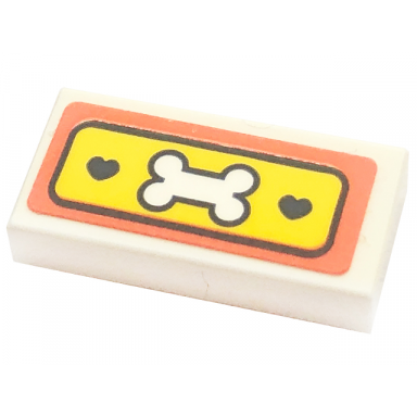 white tile 1 x 2 with white bone black hearts and outline on yellow background with coral border pattern sticker - set 41738