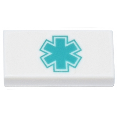 white tile 1 x 2 with dark turquoise emt star of life pattern