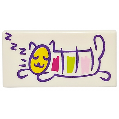 white tile 1 x 2 with dark purple zzz and sleeping cat with yellow head bright pink lime and magenta patches pattern