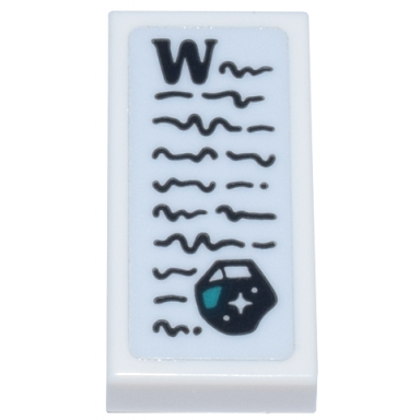 white tile 1 x 2 with letter with black capital letter w scribbles and gemstone pattern sticker - set 43224