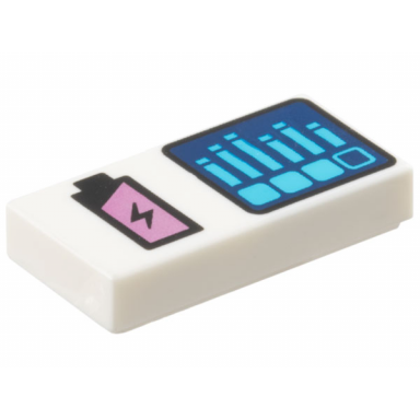 white tile 1 x 2 with black and metallic pink battery charge and dark blue screen with dark azure bar graph pattern