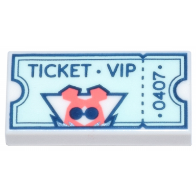 white tile 1 x 2 with light aqua ticket with tear stub dark blue ticket vip and 0407 and ley-la mini doll silhouette with coral hair pattern