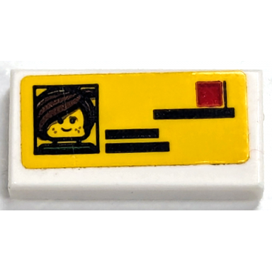 white tile 1 x 2 with drivers license with photo of minifigure head black lines and red square on yellow background pattern sticker - set 40347