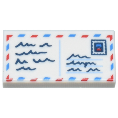 white tile 1 x 2 with red and blue lines dark blue square and scribbles pattern air mail envelope postcard with stamp