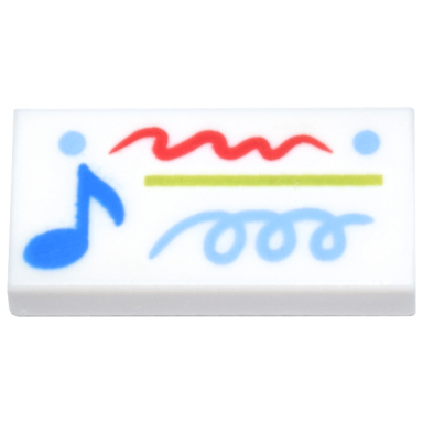 white tile 1 x 2 with blue music note lime line medium blue dots and spiral red scribble pattern