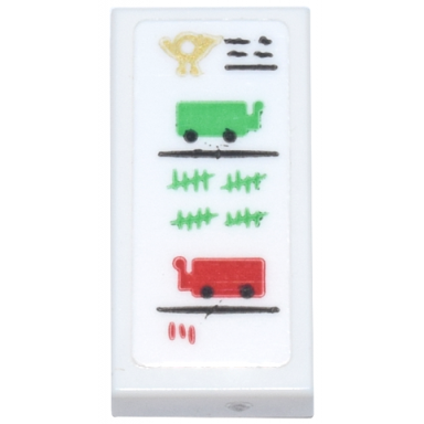 white tile 1 x 2 with gold mail horn black text and lines bright green and red carts and tally marks pattern sticker - set 10339