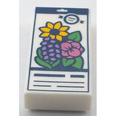 white tile 1 x 2 with seed packet with dark blue lines and bright light orange dark pink and medium lavender flowers with bright green leaves pattern