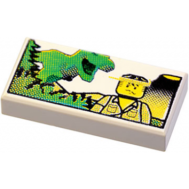 white tile 1 x 2 with minifigure and dinosaur pattern