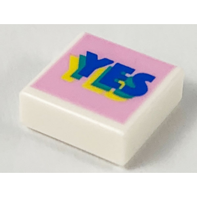 white tile 1 x 1 with blue green and yellow layered yes on bright pink background pattern