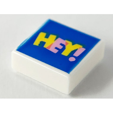 white tile 1 x 1 with bright pink and yellow hey! on blue background pattern