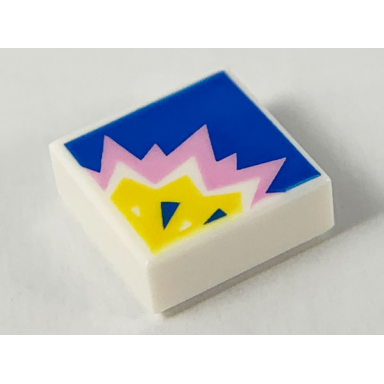 white tile 1 x 1 with bright pink and yellow explosion on blue background pattern