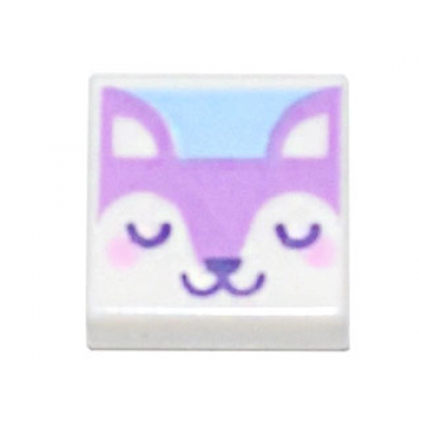 white tile 1 x 1 with medium lavender dog face with dark purple closed eyes nose and mouth pattern