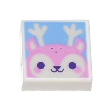white tile 1 x 1 with bright pink reindeer face with dark purple eyes on bright light blue background pattern