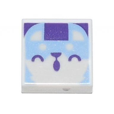 white tile 1 x 1 with bright light blue animal face with dark purple closed eyes nose and mouth pattern