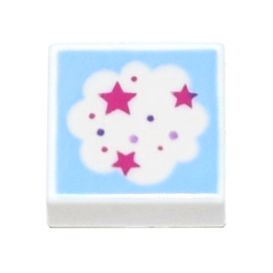 white tile 1 x 1 with cloud with magenta stars on bright light blue background pattern