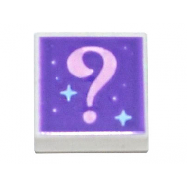 white tile 1 x 1 with bright pink question mark and bright light blue sparkles on dark purple background pattern