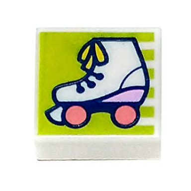 white tile 1 x 1 with roller skate with yellow laces bright pink heel and coral wheels on lime background with stripes pattern