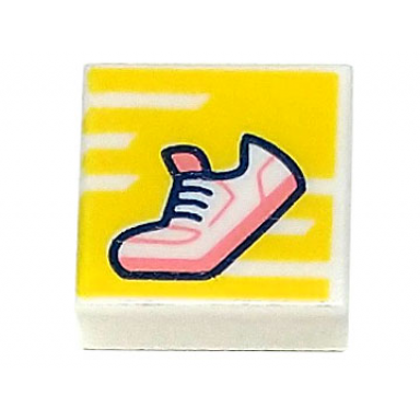 white tile 1 x 1 with shoe with coral sole and tongue on yellow background with stripes pattern