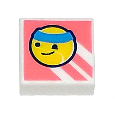 white tile 1 x 1 with yellow tennis ball with face and dark azure headband on coral background with diagonal stripes pattern