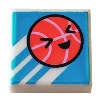 white tile 1 x 1 with coral basketball with face and bright pink lines on dark azure background with diagonal stripes pattern