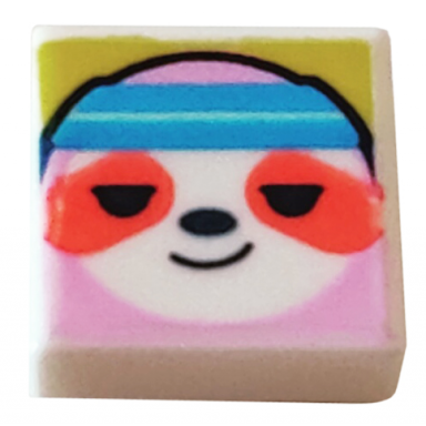 white tile 1 x 1 with bright pink sloth head with coral spots and dark azure headband on yellow background pattern