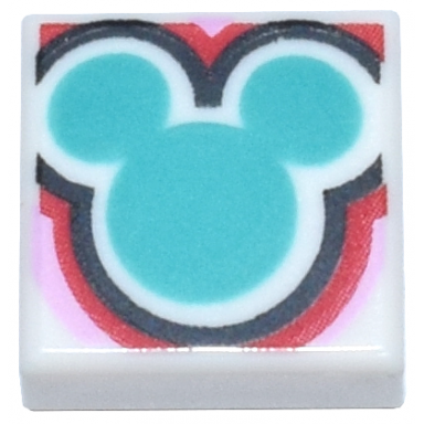 white tile 1 x 1 with dark turquoise mickey mouse head silhouette with black red and bright pink outline pattern