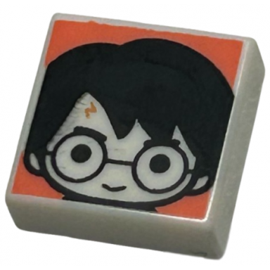 white tile 1 x 1 with male head with smile black eyebrows glasses and hair and medium nougat lightning bolt scar on coral background pattern hp harry potter