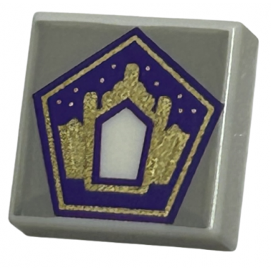 white tile 1 x 1 with dark purple and gold pentagon with building with doorway on light bluish gray background pattern hp chocolate frog card