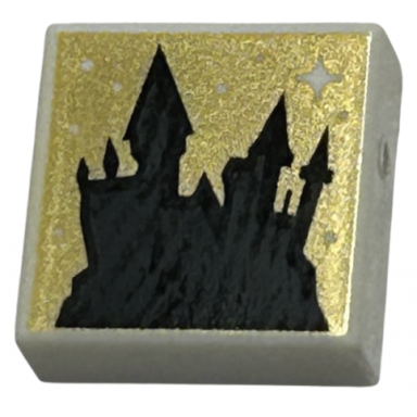 white tile 1 x 1 with black castle silhouette and dots and sparkle on gold background pattern hp hogwarts