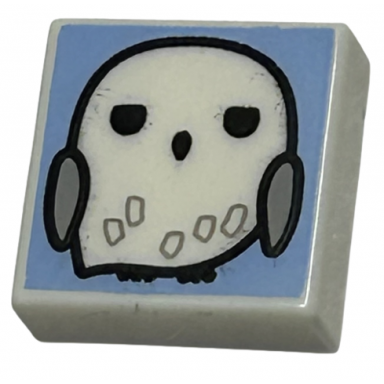 white tile 1 x 1 with owl with light bluish gray feathers and wings on bright light blue background pattern hp hedwig