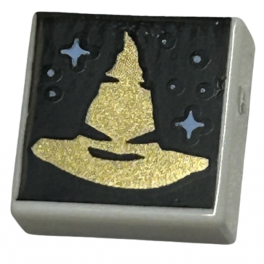 white tile 1 x 1 with gold witch wizard hat and bright light blue dots and sparkles on black background pattern hp sorting hat