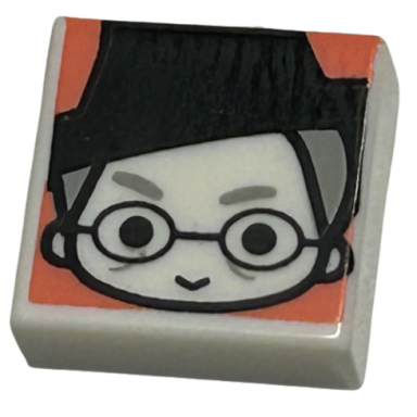 white tile 1 x 1 with female witch head with smile black hat and glasses and light bluish eyebrows and hair on coral background pattern hp minerva mcgonagall
