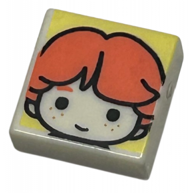 white tile 1 x 1 with male head with smile freckles and coral eyebrows and hair on bright light yellow background pattern hp ron weasley