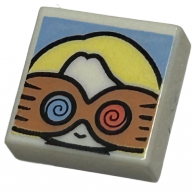white tile 1 x 1 with female head with smile bright yellow hair and medium nougat spectrespecs glasses on bright light blue background pattern hp luna lovegood